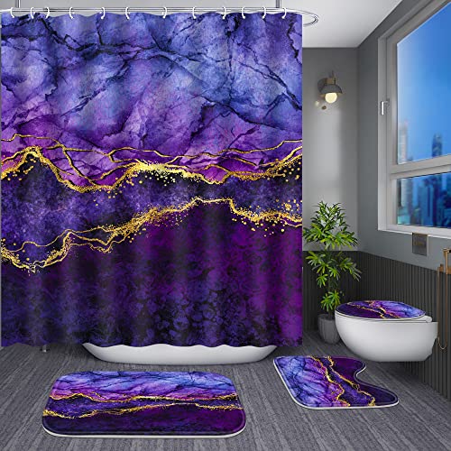 Poedist 4 Pcs Gold Edge Marble Bathroom Shower Curtain Set, Bathroom Sets with Shower Curtain and Rugs(Bath Mat,U Shape and Toilet Lid Cover Mat) and 12 Hooks-Purple - color: Purple Yellow