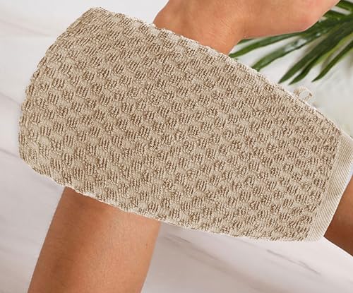 COTTON CRAFT Bath Mitt - 6 Pack Euro Spa Waffle 100% Cotton Towel Mitts | Large 5.5x10 inches Linen Exfoliating Gloves - Sensitive Skin Friendly - Body Bath Shower Glove Washcloth with Hanging Loop - color: Linen - Bath Mitt