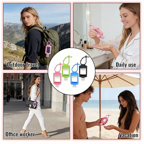 4-Pack Travel Refillable Leak Proof Squeeze Bottles with Silicone Sleeve & Keychain - 2oz/60ml Clear PETG Plastic Toiletry Containers for Hand Sanitizer, Lotion, Shampoo, Outdoor Essentials