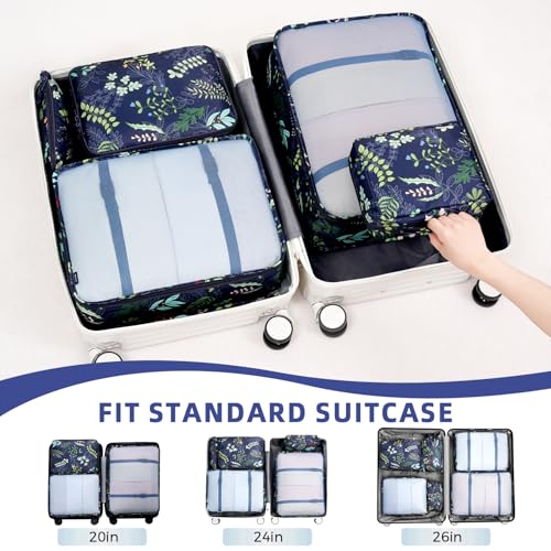 BAGAIL 8 Set Packing Cubes Luggage Packing Organizers for Travel Accessories-Navy Leaf - color: Navy Leaf, size: 8 Set