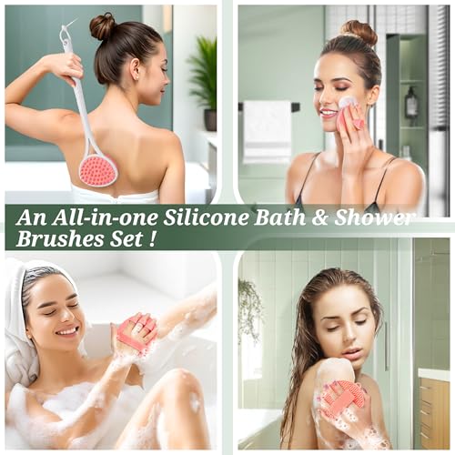 Silicone Back & Body & Face Scrubbers Set 4PCS, 15.35’’ Soft Back Scrubber for Dual-Side Usage, Easy-to-Hold Bath Glove Body Scrubber Face Scrubber for Good Foaming & Deep Cleaning(Pink) - color: 02pink*4