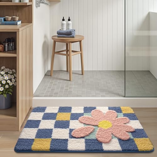 LUMI Bathroom Rug 20x32, Soft Absorbent Microfiber Bath Mats, Machine Washable Bath Rugs with Non-Slip Backing, Checkered Design Floor Mat for Bathroom, Shower and Bathtub Floor, Grid Flower - color: Grid Flower, size: 20"x32"