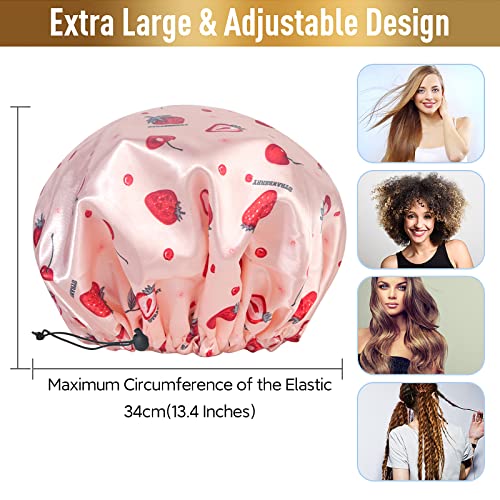 Shower Cap, Adjustable Shower Caps for Women, Extra Large Upgrade Double Waterproof Layers Hair Cap, Bath Caps Shower Hat Women Girls Adult Hair Protection Suitable for All Lengths and Thickness - color: Pink Strawberry, size: X-Large