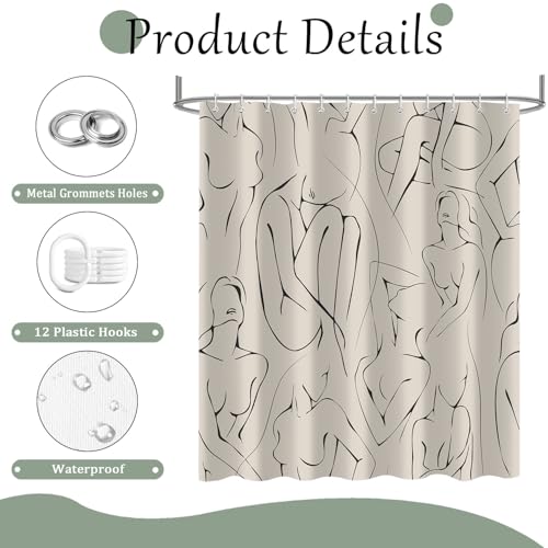 Body Shower Curtain, Abstract Line Texture Boho Bath Curtain Decor for Women, Polyester Fabric Waterproof Bathroom Decoration Accessory Set with 12 Hooks 47X64 inch - color: Beige, size: 47"W x 64"L (Pack of 1)