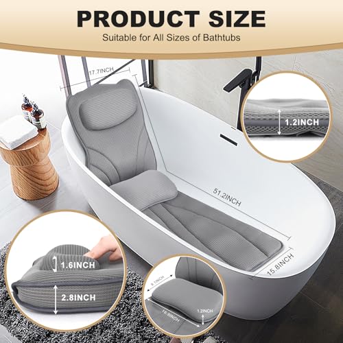 Extra Long Thick Full Body Bath Pillow for Tub with Lumbar Pillow- Luxury 4D Air Mesh Bathtub Pillow with Head, Shoulder & Back Support, Non-Slip Bath Cushion with Suction Cups (Gray) - color: Gray