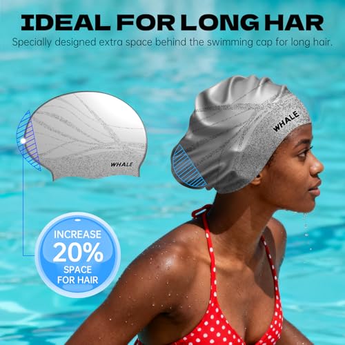 WHALE Extra Large Swim Cap Designed for Men and Women with Thick, Long Hair, Hair Extensions Or Afro-Textured Hair Long-Hair Swim Cap Highly Waterproof to Keep Hair Dry - color: Grey