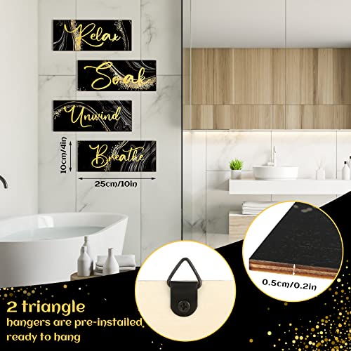 Yulejo 4 Pcs Black and Gold Bathroom Decor Black Gold Wall Decor Relax Soak Unwind Breathe Wall Art Wooden Sign Rustic Marble Bathroom Accessories for Women Living Room Bedroom Home Laundry (10 x 4)