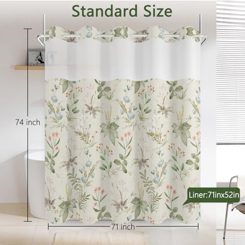 No Hook Shower Curtain with Snap in Fabric Liner Set, Waterproof & Washable, Boho Green Floral Shower Curtains for Bathroom, Farmhouse Cottage Core Decorative Patterned Bathroom Curtain, 71x74 inch - color: Green Botanical Floral