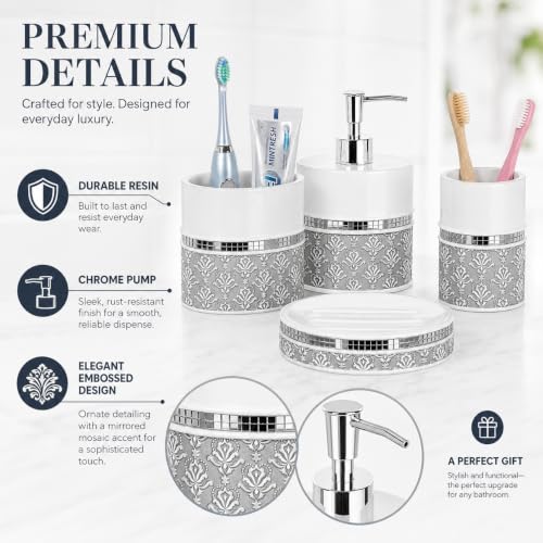 Creative Scents Mirror Damask White & Gray 4 Piece Bathroom Accessories Set | Bathroom Set Includes: Soap Dispenser, Soap Dish, Toothbrush Holder & Tumbler - color: 4 Piece Set