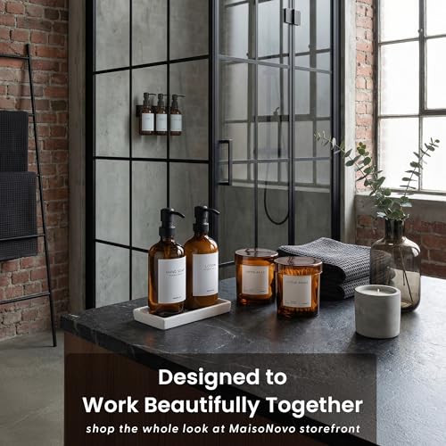 MaisoNovo Soap and Lotion Dispenser Set - Bathroom Soap Dispenser Set with Amber Glass Soap Dispenser, Black Pumps & Ceramic Tray - color: Amber Bottles/ Black Pumps/ White Ceramic Tray