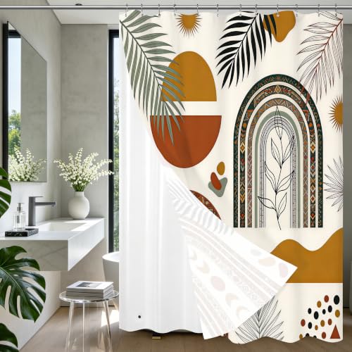 LQCOOL Boho Leaf Shower Curtain and Liner, 3 in 1 Shower Curtain Set with 12 Double Sided Shower Curtain Hooks,Fabric Shower Curtains for Bathroom,72" W*72" H - color: Boho