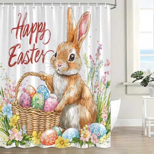 Easter Shower Curtain Cute Rabbit Colorful Eggs Spring Floral, 70x70 Inch | Rustic Bunny, Watercolor Flower Plant, Polyester Bath Curtain, Includes Hooks