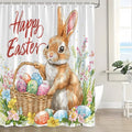 Easter Shower Curtain Cute Rabbit Colorful Eggs Spring Floral, 70x70 Inch | Rustic Bunny, Watercolor Flower Plant, Polyester Bath Curtain, Includes Hooks