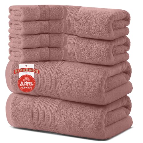 RIVERSIDE Pack of 8 Towels Set, 2 Large Bath, 2 Hand, 4 Face Washcloths, 100% Cotton Hotel Quality, Super Soft, Quick Dry, Highly Absorbent Perfect for Bathroom, Dusty Rose - color: Dusty-rose, size: Towel Set (PK 8)