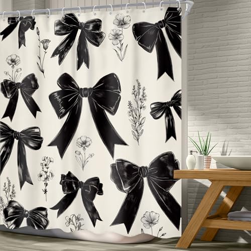 Black Bow Shower Curtain 72Wx72L Inch Girls Coquette Retro Vintage Bowknot Floral Wildflower Girly Fashion Elegant Plant Bathroom Set Aesthetic Bath Curtain Bathtub Accessories Home Decor - color: A 01black, size: 72"W x 72"L (Pack of 1)