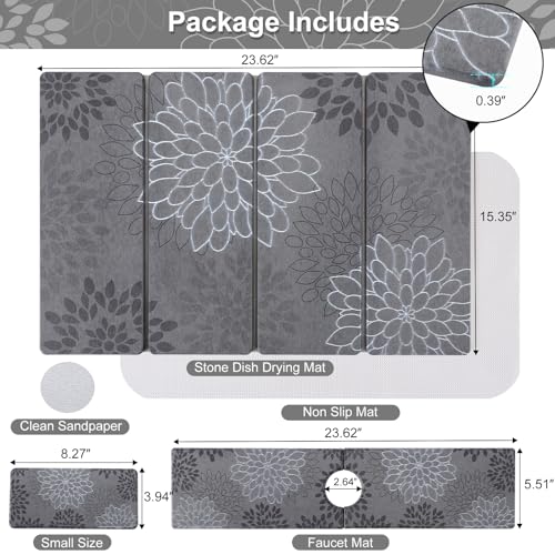 3 PCS Large Stone Dish Drying Mat for Kitchen Counter, Quick Dry Stone Dishes Mats Cup Coasters, Sink Faucet Mat, Water Absorbing Diatomaceous Earth Drying Pad for Countertop Tableware, Bottles - color: Grey Floral