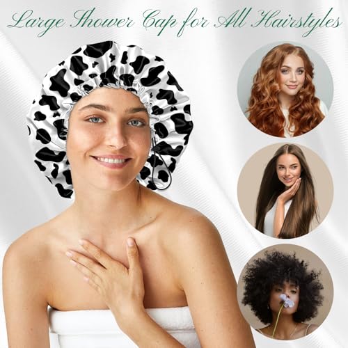 2 PCS Shower Cap Waterproof Double Layer Elastic Adjustable Reusable Hair Bath Caps for Girls Women Cute Aesthetic-Black - color: G8-Black