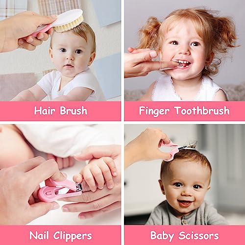 28 in 1 Baby Healthcare and Grooming Kit, Infant Baby Nursery Kit Electric Nail Trimmer Set with Gas Colic Passer Nasal Aspirator Nail Clipper Hair Brush Comb for Newborn Girls Boys (Pink) - style: 28 Kits-Pink