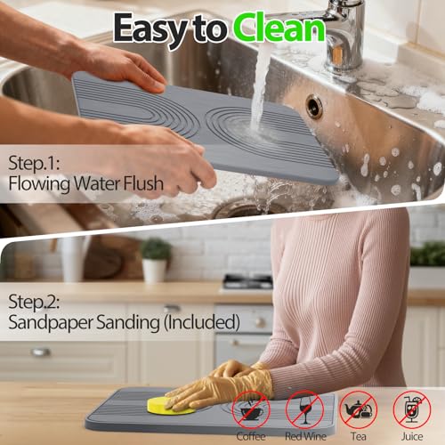 2 PCS Stone Dish Drying Mat ＆ Silicone Mat for Kitchen Counter – Diatomaceous Earth Bath Mat for Bathroom, 16.14"L×12.4"W×2 Quick Dry Mats for Dishes ,Bottles, Cups, Match Any Countertop(Gray) - color: Gray