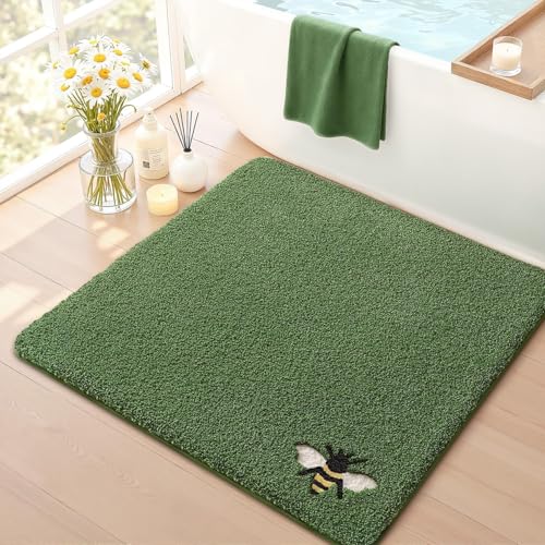 LUMI Green Bathroom Rugs, Cute Bee Mats, Absorbent Soft Square Bath Mat Non-Slip, Machine Washable Quick Dry Luxury Rug for Floor, Shower, Kids Room, Bathtub, Home Decor, 32"x32" - color: A-green Bee, size: 32"x32"(Square)