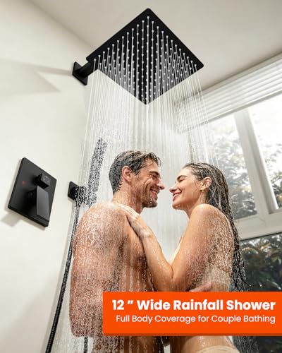 gotonovo Shower System with Tub Spout,Waterfall Tub Shower Faucet Set for Bathroom Head and Handle Set Wall Mounted 3 Function Rough-in Valve and Trim Included 12 inch Shower Head Matte Black - color: Matte Black, size: 12 inch Shower Head