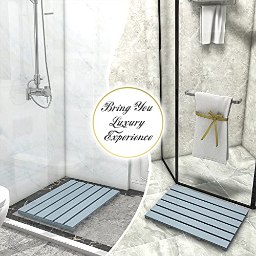 Bamboo Wooden Bath Floor Mat for Luxury Shower - Non-Slip Bathroom Waterproof Carpet for Indoor or Outdoor Use (Bluish Grey) - color: Grey, size: 21.3" x 14.2" (Rectangular)