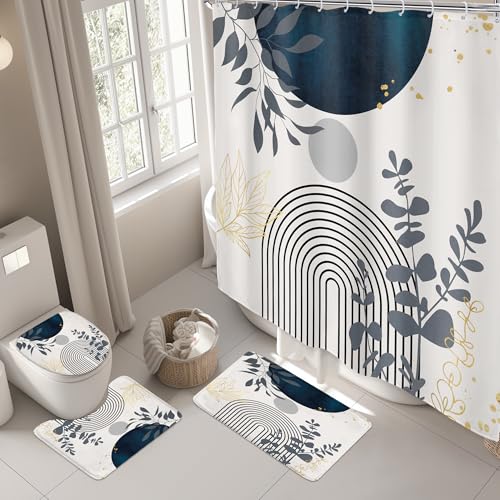 Riyidecor Mid Century Boho 4Pcs Shower Curtain Set with Toilet Lid Cover and Non-Slip Rugs,Modern Minimalist Navy Blue Bathroom Decor Set，Abstract Contour and Bath Mat with 12 Hooks - color: 01navy Blue