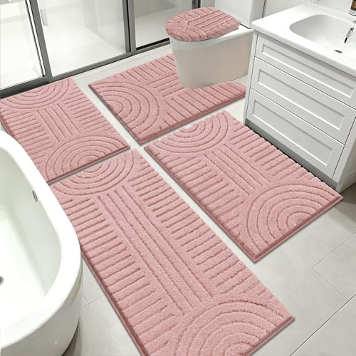 SHACOS Bathroom Rugs Sets 5 Piece Ultra Soft Absorbent | Microfiber Bath Mat with Bath Runner, U Shape Contour Rug, Toilet Lid Cover, Non Slip Machine Washable Carpet, Grey Pink - color: Grey Pink