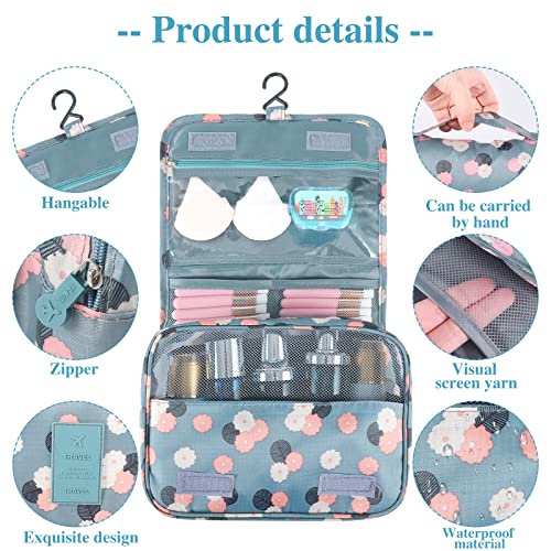 Hanging Toiletry Bag for Women, Portable Cosmetic Summer Beach Bag, Floral | 4 compartments, hanging hook, blue travel makeup bag, waterproof nylon, fold-out design, white pink floral, 9.4x6.8 in folded - color: Blue