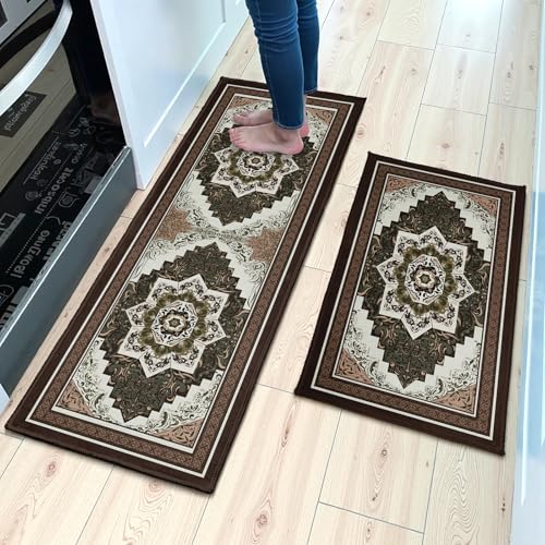 Boho Kitchen Rugs Set 2 Piece 17"x47"+17"x30", Brown Vintage Symmetrical Runner Rug Non Slip Absorbent Mats Farmhouse Washable Kitchen Floor Mat Set for Hallway Laundry Sink Decor - color: Boho Brown