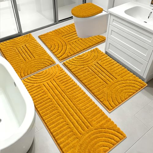 SHACOS Bathroom Rugs Sets 5 Piece Ultra Soft Absorbent Microfiber | Bath Mat with Bath Runner, U Shape Contour Rug, Toilet Lid Cover, Non Slip Machine Washable Carpet for Bedroom, Honey Mustard - color: Honey Mustard