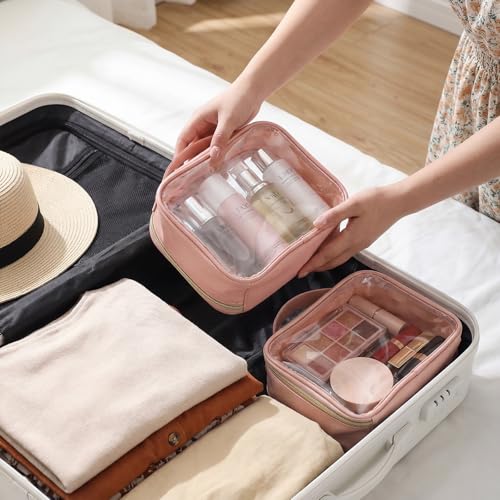 Abbylike 6 Pcs Clear Makeup Bags Bulk 7.9 x 5.9 x 2.4 Inches Quart Size Approved PU Leather Toiletry Bag with Handles Small PVC Clear Travel Cosmetic Case for Women Wedding Bridal Gifts(Pink) - color: Pink