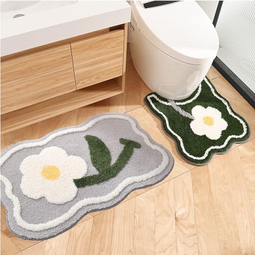 Bathroom Rug Set 2 Piece, Soft Cute Bath Mat and U-Shaped Contour Toilet Rug, Absorbent Microfiber Plush Bath Rug Set, Non-Slip Bath Carpet Machine Washable, 32x20 Plus 22x20 inches - color: Grey 32x20" + Green 22x20"
