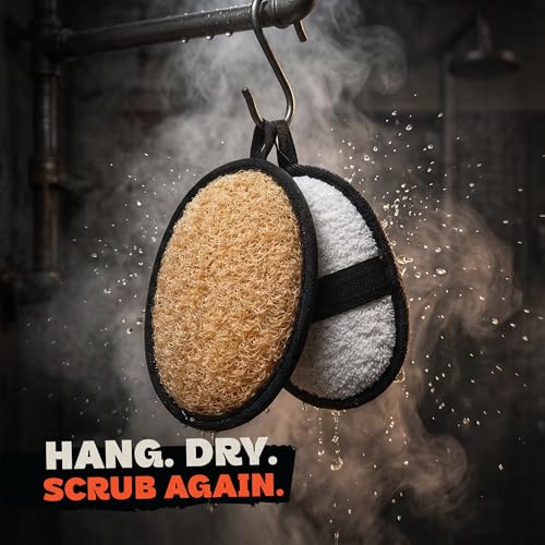 Loofah for Men 2 Pack – Natural Egyptian Shower Scrubber Pads | Mens loofah body scrubber with 2 dual-sided pads, natural Egyptian loofah, terry-cloth side, hand strap and hanging loop