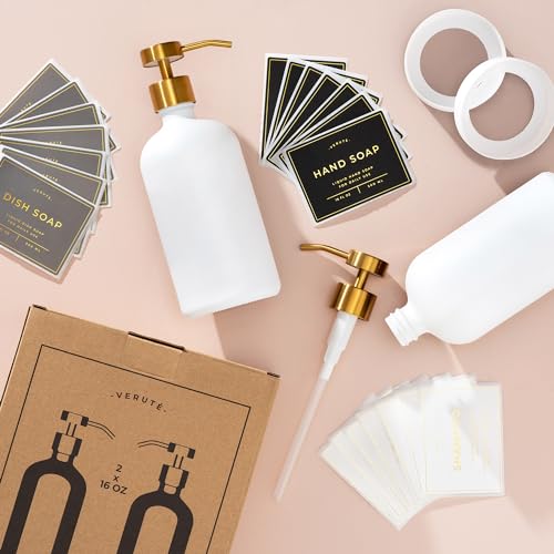Hand and Dish Soap Dispenser for Kitchen and Bathroom, Set of 2 16 Oz Glass Bottles, Stainless Steel Pumps, Non-Slip Silicone Base, 27 Waterproof Labels (Matte White Bottle/Brushed Gold Pump) - color: Matte White Bottle / Brushed Gold Pump