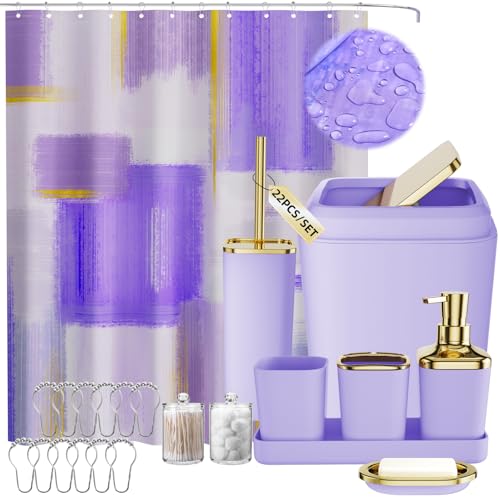 XLHOMO Purple Bathroom Accessories Set, Bathroom Sets with Shower Curtain, Purple Bathroom Accessories with Trash Can, Soap Dispenser, Soap Dish, Toilet Brush Holder, Qtip Holders for Bathroom - color: Plaid Purple & Gold, size: Complete Set