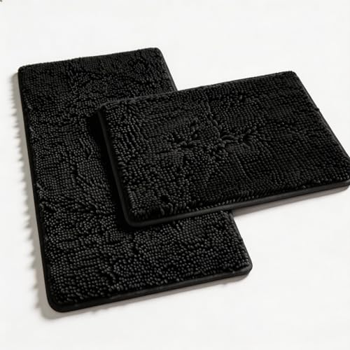 RUN HELIX Bathroom Rugs Set 2 Piece Thick Chenille Bath Mats, Soft Quick Dry Plush Absorbent Bath Rugs with Non-Slip PVC Backing, 32x20+24x16 Inch Black - color: Black, size: 32"L x 20"W + 24"L x 16"W