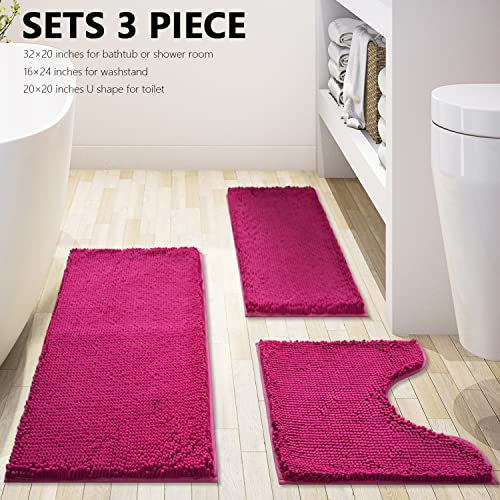 Bathroom Rugs Chenille 3-Piece Extra Soft and Absorbent Shag Bathroom Rugs, Machine Wash Mat, Strong PVC Non-Slip Underside, Plush Carpet Mats (Rose Red) - color: Rose Red, size: 2'8" x 1'8" (16x24"+20x32"+20x20"U shape）