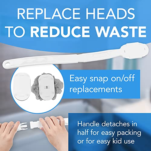 Impresa Extra Long Handle Shower Brush - Dual-Action Loofah & Exfoliating Sponge Body Scrubber - Ergonomic Grip Back Scrub Brush - Replacement Loofah & Sponge Heads - Pack of 2, White
