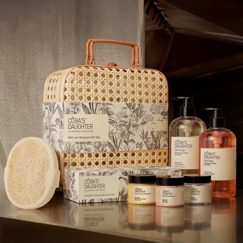 COBA'S DAUGHTER Luxury 7-Piece Bath & Body Gift Set with Rattan Case | Curated body wash, bubble bath & scrub | Gifted for holidays, birthdays & bridal showers - style: Bath & Body Ritual Set
