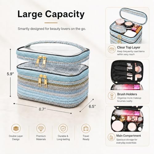 Woven Faux Leather Travel Makeup Bag for Women, Cosmetic Organizer with Clear PVC Top, Large Capacity Toiletry Bag (Blue) - color: 03-Blue
