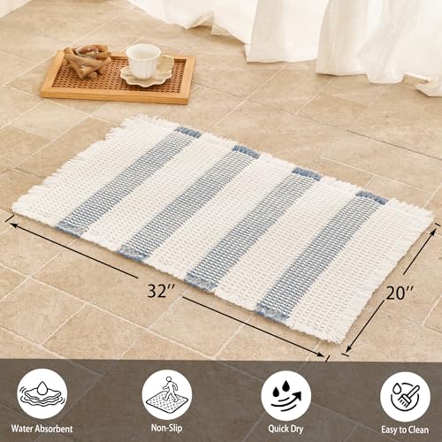 Waffle Bath Mat Non Slip, Boho Bathroom Rug, Super Absorbent Quick Dry Bathroom Mat, Soft Farmhouse Bath Rug with Tassels, Small Washable Shower Mats for Floor 20"x32", White and Blue - color: Blue and White, size: 1'8" x 2'8" (Rectangular)
