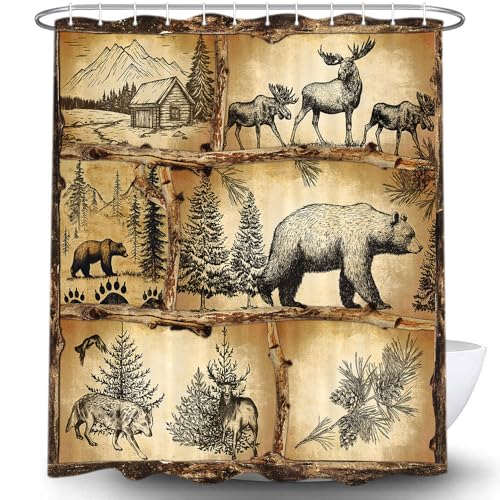 Rustic Cabin Shower Curtain for Bathroom, Wildlife Country Lodge Decor Bath Curtains, Animal Hunting Camping Fabric Waterproof Shower Curtain Set with Hooks, 72X84 in - color: Animal, size: 72"W x 84"L (Pack of 1)