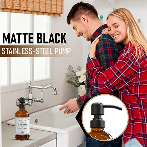Sunrise Premium 2 Pack Amber Glass Soap Dispenser 16 OZ with Matte Black Stainless Steel Pump, Hand and Dish Soap Dispenser Set for Bathroom and Kitchen Sink with 6 Waterproof Labels - color: Matte Black Ss Pump - Amber Glass