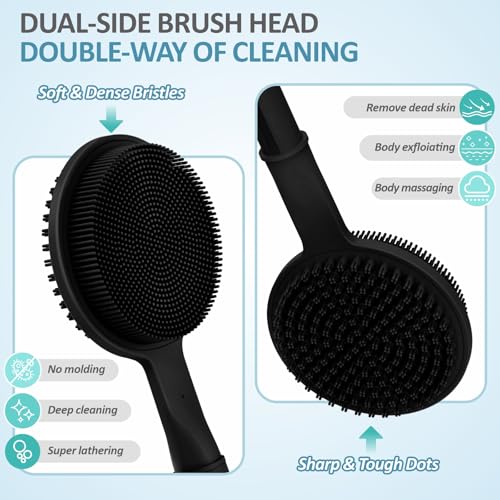 Silicone Back Scrubber & Soft Bath Glove 2PCS, 16''- 24'' Extendable Shower Scrubber with Dual-Side Head, 360° Anti-Slip & Hand-fit Silicone Body Scrubber for Rich Foaming Deep Cleaning(Black) - color: Black*2