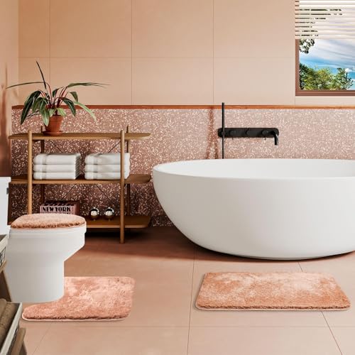 Bathroom Rugs Sets 3 Piece with Adjustable Toilet Seat Cover 17.5"x 15" Machine Washable Bath Rug Set with TPR Non Slip Rubber Backing Solid Bath Mat Set for Luxury Bathroom Decoration - color: Blush Pink