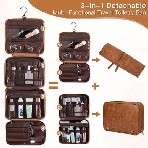 Personalized Hanging Toiletry Bag Travel Gifts for Men Him, 3-in-1 Large Laser-Engraved Initial Waterproof PU Leather Shaving Bag Valentines Birthday Gift for Men Dad Husband Light Brown Z - color: Light Brown, style: Z