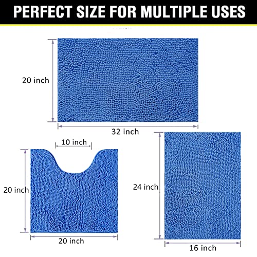 Bathroom Rugs Chenille 3-Piece Extra Soft and Absorbent Shag Bathroom Rugs, Machine Wash Mat, Strong PVC Non-Slip Underside, Plush Carpet Mats (Snow Cyan) - color: Snow Cyan, size: 2'8" x 1'8" (16x24"+20x32"+20x20"U shape）