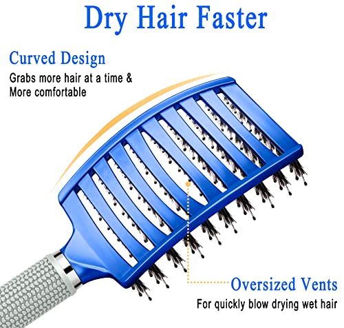 KTKUDY Detangling Brush Boar Bristles Hairbrush Make Hair Shiny & Healthier Curved and Vented Detangler Brush for Women Men Kids Wet and Dry Hair (Blue) - color: Blue