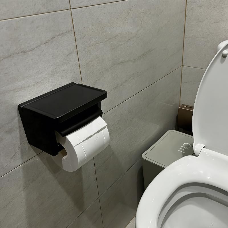 Matte Black Toilet Paper Holder with Shelf - Toilet Paper Cutting Function, Toilet Paper Holder with Phone Shelf for Bathroom Washroom - color: Abs Black&black, size: Single